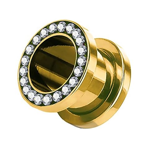 Túnel dilatador para la oreja, de acero inoxidable, titanio, con cierre de rosca, circonitas, cristales brillantes, 5 mm, dorado Cover