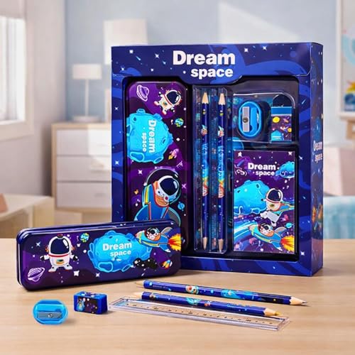 Image of Smily Buds Space Theme Stationery Kit for Kids - Stationery Box Pencil Pen Eraser Sharpener and Space Pencil Box- Stationary Kit Set for Boys and Girls, Birthday Gift for Kids