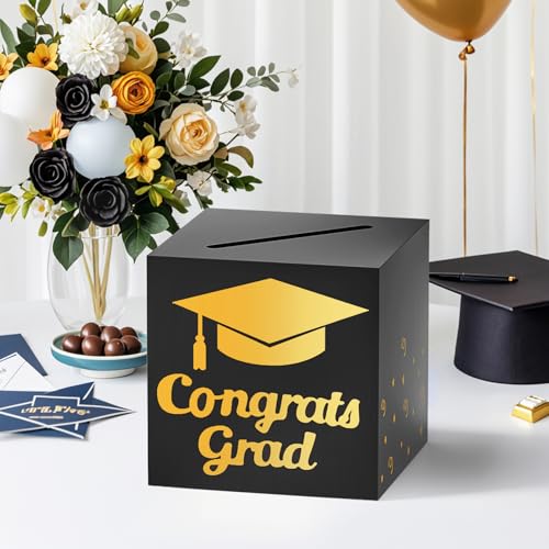 Image of OLANRUN 9 inch Graduation Card Box, Graduation Decorations 2026 - Congrats Grad Foldable Cardstock Money Box for Class of 2026 Grad Party Decor (Black)