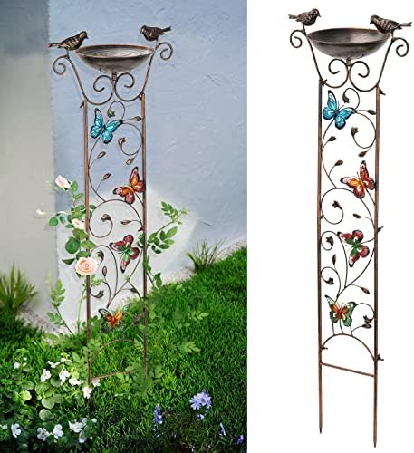 SUNNYPARK Bird Bath with Trellis Outdoor, Antique Garden Iron Plant Trellis with Decorative Butterflies Detachable Bird Bath Bowl Metal Potted Plants Support for Climbing Flowers