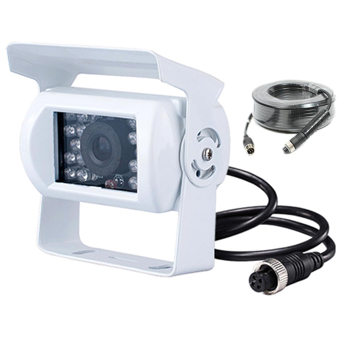 Cámara de Marcha Atrás Blanca con Cable de Aviación 4 Pines 15M Resistente, 18 LEDs IR Visión Nocturna, 12V-24V, Cámara Trasera HD Impermeable para Furgonetas, Coches, Camiones, Autobuses y Caravanas