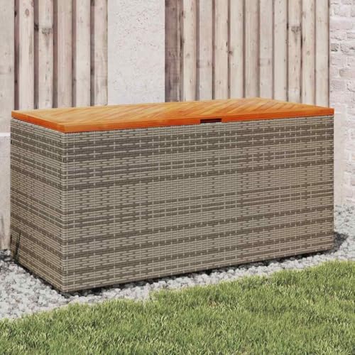 Mokuyary Baúl de jardín gris, 110 x 50 x 54 cm, polirratán, madera de acacia, caja de almacenamiento, caja de cojines, caja para jardín, terraza, balcón, herramientas de jardín, accesorios de piscina