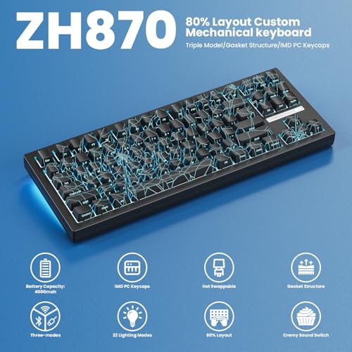 Image of ZORNHER ZH870 Wireless Gaming Mechanical Keyboard,80% Black Custom Creamy Sound Keyboard with Spider Web IMD PC Keycaps,Creamy Sounding Linear Switches,Hot-Swappable,RGB Backlit,2.4GHz /USB-C /BT5.0