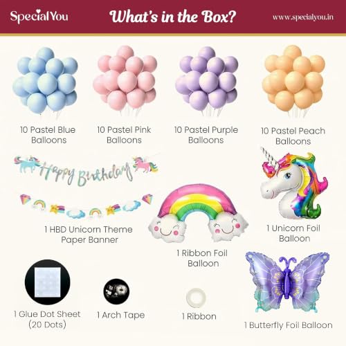 Image of Special You Unicorn Theme Birthday Decoration Kit for Baby Girl with Pastel Blue, Pink, Peach, Purple Balloons, Butterfly, Cloud, Unicorn Foil Balloon Set, Birthday Decor Items- 47 Pcs
