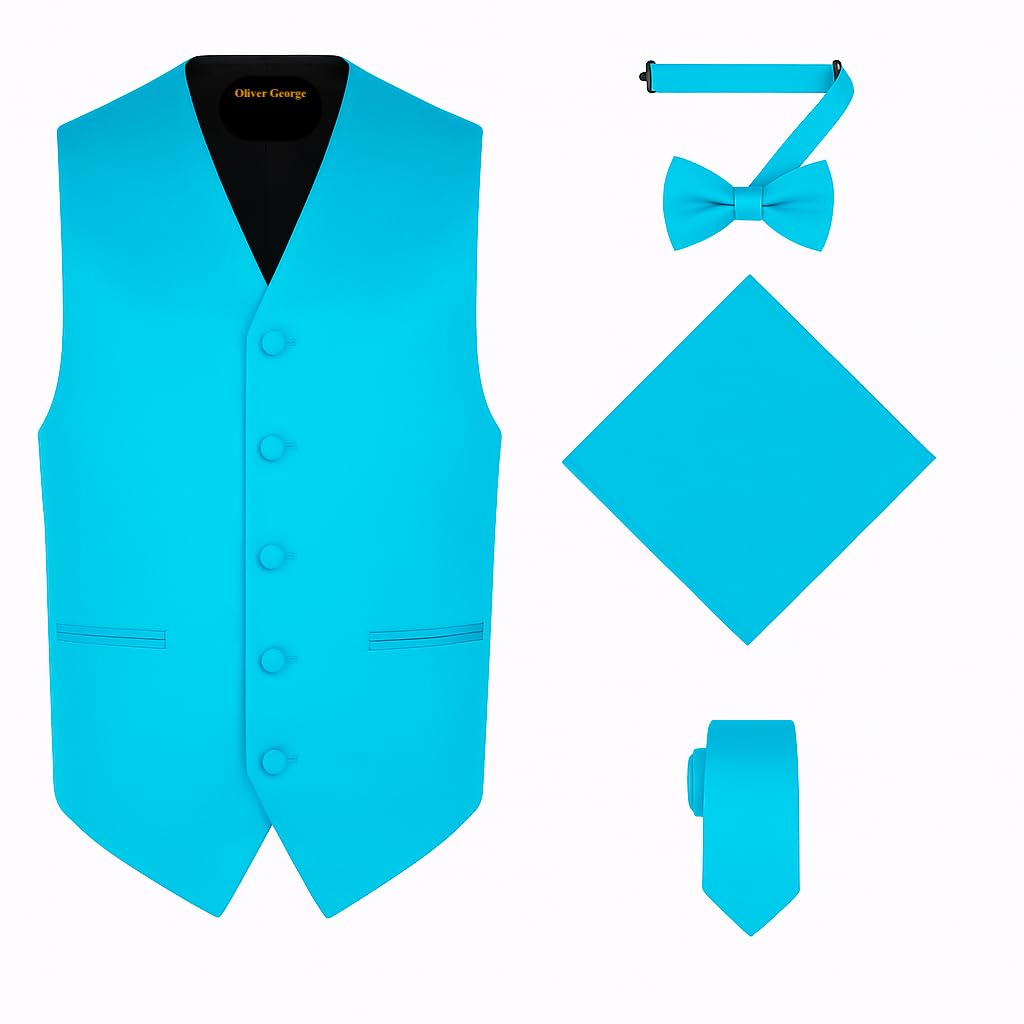 Oliver George 4pc Men's Solid Formal Suit Waistcoat Tuxedo Dress Vest Necktie Bowtie Handkerchief Set for Suit or Tuxedo, Turquoise, XL