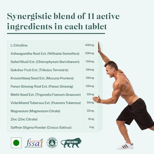 Image of AyurSurge by Sattvic Wellness | Testosterone Support | Male Vitality Supplement | 11 Key Ingredients in Each 1.28g Tablet - L-Citrulline, Ashwagandha, Safed Musli, Gokshura, Panax Ginseng, Krounchbeej, Methi, Vidarikhand, Magnesium, Zinc and Saffron | Boosts Stamina, Energy & Confidence | 60 Tablets