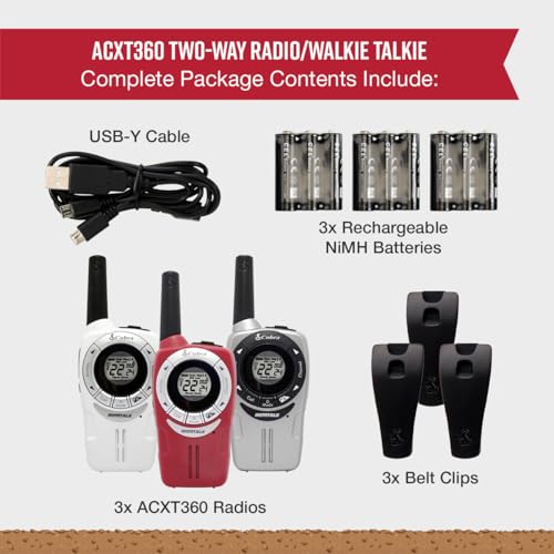 Image of Cobra ACXT360 Water Resistant Walkie Talkies - Rechargeable, 22 Channels, Long Range 25-Mile Range Two-Way Radios 3-Pack, White, Silver and Red | Long Range 25-Mile Range Two-Way Radios 3-Pack, White, Silver and Red