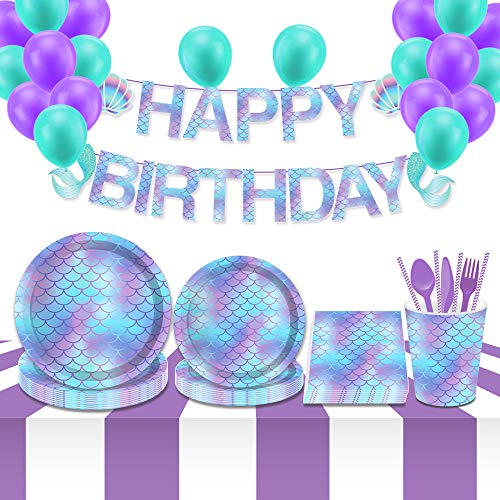 LCJL Mermaid Birthday Party Supplies Set/Mermaid Tableware Kit Mermaid Party Pack(Serves 16 Guest)Mermaid Banner,Dessert Plates,Dinner Plates,Cups,Napkins and Ballon,Forks Spoons Knives Straws,182 PCS