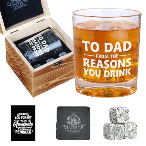 Regalos para papá, To Dad From The Reasons You Drink Glass, juego de whisky para hombres, regalos para papá que no quiere nada, regalos de Navidad para papá de hija, regalos de Navidad para papá de