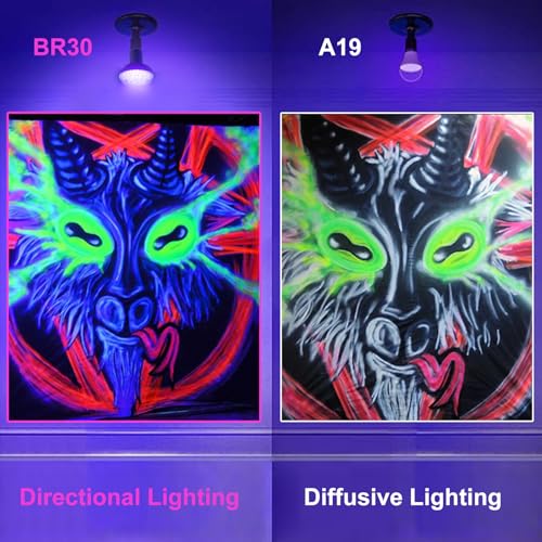 Image of BR30 Black Light Bulbs UV, 18W, 385-400nm Wavelength, 2-Pack for Glow in The Dark, Fluorescent Posters, Halloween, Christmas, Body Paint.