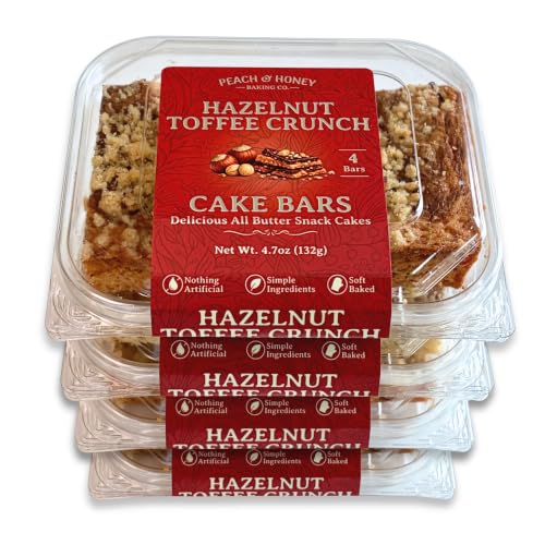 Peach & Honey Baking Company - All Natural, Fresh-Baked Premium Dessert Bars - Delicious Hazelnut Toffee Crunch Cake Bars, 4 Pack, 16 Bars