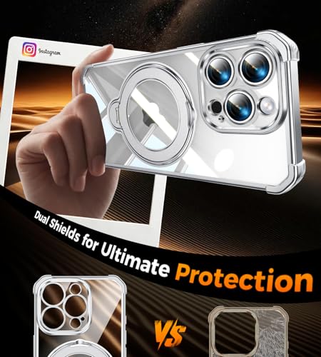 Image of Soft Case for iPhone 16 Pro with 360 Rotating Magnetic Stand, Compatible with Mag-Safe, 4X MIL-Drop Protection, Lightweight Glossy Anti-Yellowing Clear Back Phone Cover for iPhone 16 Pro, Silver
