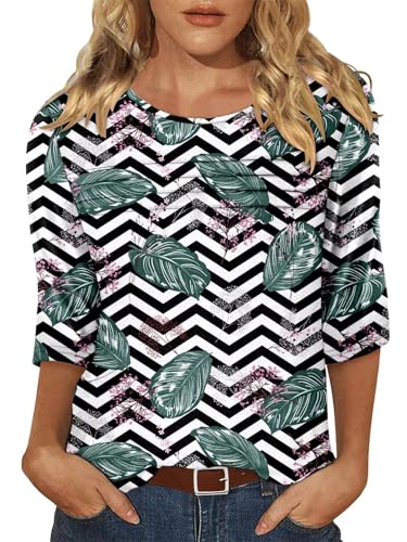 KISSMODA Women's Casual 3/4 Sleeve T-Shirts Round Neck Cute Tunic Tops Basic/Pleated Summer Tops Trendy Spring Blouses