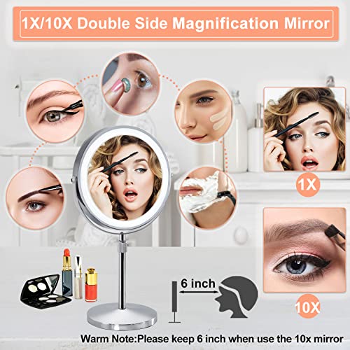 Lighted Makeup Mirror With 3 Color Lights,Adjustable Height,8 Inch Double Sided Dimmable Magnifying Cosmetic Mirror With Light,Rechargeable Tabletop Light Up Vanity Mirror,Gifts For Teenage Girls #TOP3