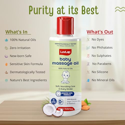 Image of LuvLap Baby Massage Oil with Almond, Virgin Coconut Oil & Vitamin E, Deep Nourishing, Skin Repair & Relaxation, Ayurvedic Non-Sticky Oil for Soft New Born Skin, 100% Natural, Derma Safe, 400ml