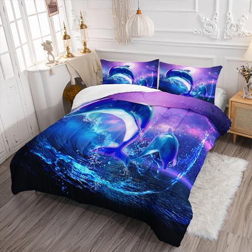 Image of AILONEN Dolphin Comforter Set Full Size, Starry Sky Sea Water Bedding Set for Kids Girls,Jumping Dolphin with Moon Bed in a Bag Duvet Set,3 Pieces,1 Quilt and 2 Pillowcases,Soft Microfiber