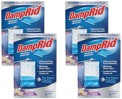Image of DampRid Lavender Vanilla Hanging Moisture Absorber, 16 oz., 12 Pack - Eliminates Musty Odors for Fresher, Cleaner Air, Ideal Moisture Absorbers for Closet, Blue, Small