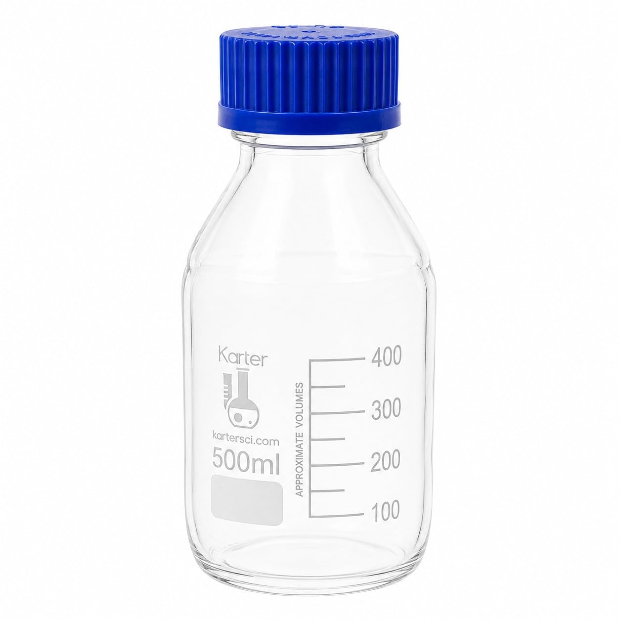 Botellas redondas de vidrio de 500 ml con tapa de rosca GL45, vidrio de borosilicato, Karter Scientific 251M8 (paquete de 2)