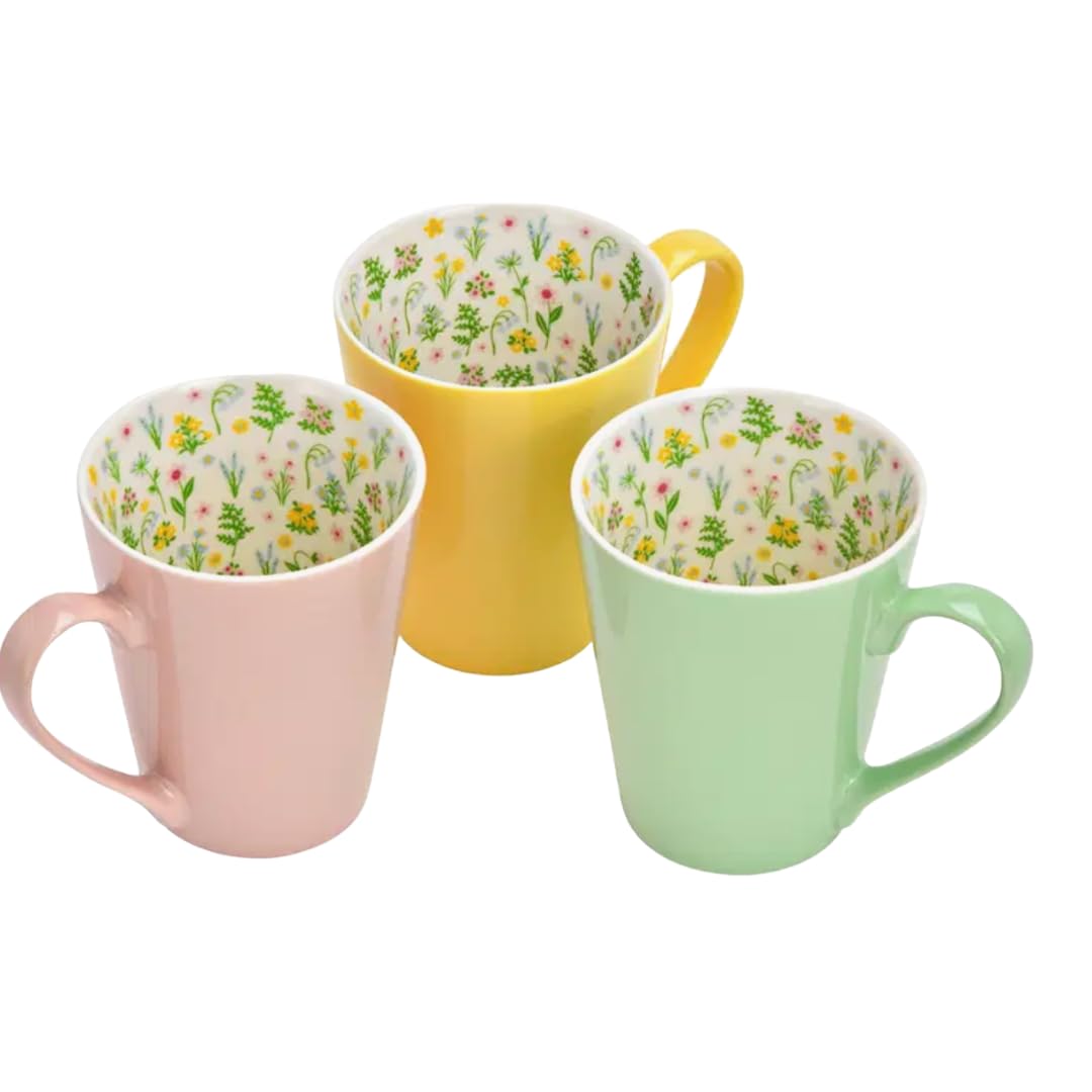 Juego de 3 tazas de café de porcelana, color pastel, interior con estampado de flores, rosa, amarillo, verde, idea de regalo de Pascua, 13 x 12 x 9 cm, 380 ml (3, rosa, amarillo y verde, juego de 3