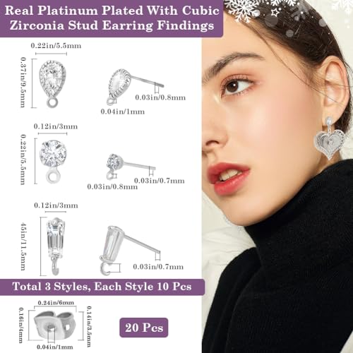 Beebeecraft 30Pcs Cubic Zirconia Earring Findings 3 Style Real Platinum Plated Round Teardrop Trapezoid Earring Post with Loop and Earring Back for Jewelry Making - Image 2