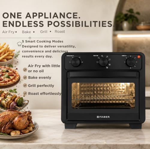 Image of Faber Air Fryer Oven 24L 1600W|View Window|Bake Tray,Tray Handle & Crumb Tray|Dishwasher safe removable parts|5 Preset Auto Program|3 Rack Positions|Roast,Fry,Toast,Defrost|FAO CrispX Pro 24 BK