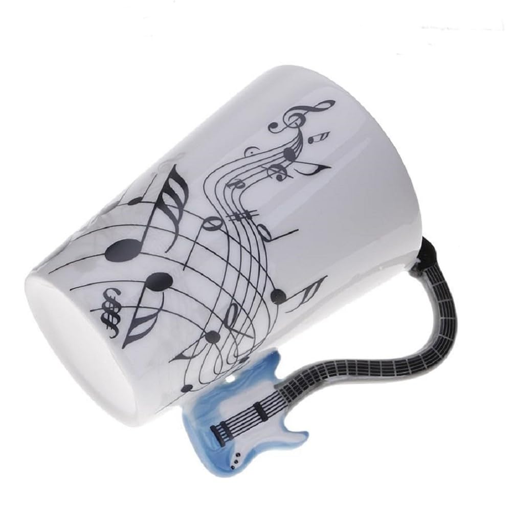 Kompassswc Lusitig Kaffeetasse mit motiv henkel Keramiktasse Musik Teebecher Musiktasse Teetasse Musiknoten bedruckt Musiklieber Winter Geschenk 0,3L (Blau Gitarre)