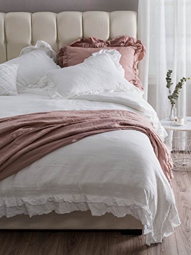 meadow park Stone Washed Pure Linen Duvet Cover Set 3 Pieces - King Size - 104 inches x 94 inches - Shams 20 inches x 36 inches, Double Ruffled Edge Style - Corner Ties, Super Soft, White - Thumbnail 3