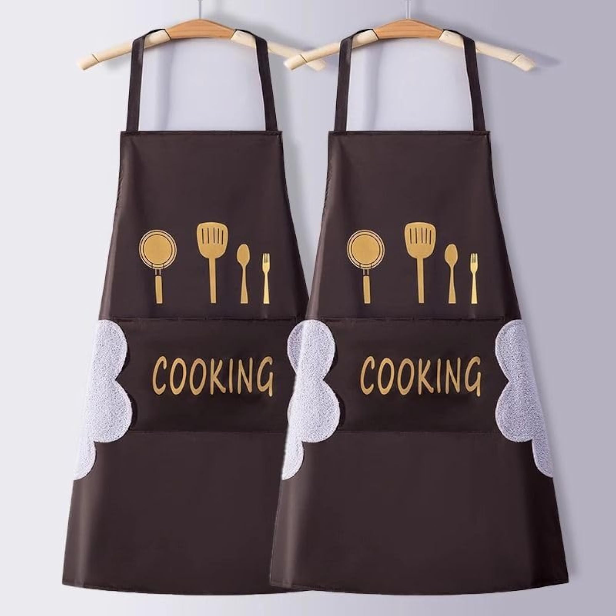 Brown Kitchen Cooking Apron with Hand Wiping Towel Pockets