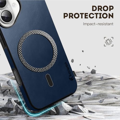 Image of KARWAN Shockproof Hybrid Leather Finish Back Case Cover Compatible with iPhone 16 with Wireless MagEaze Charging Cover, Anti-Scratch Shield Case with Strong Minimalist Design (Blue)