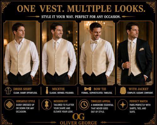 Image of Oliver George 4pc Men's Solid Formal Suit Waistcoat Tuxedo Dress Vest Necktie Bowtie Handkerchief Set for Suit or Tuxedo