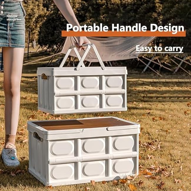 VPTMRP Collapsible Storage Bin with Handles and Wooden Lid, Large Capacity Stackable Utility Crates Holds 33lbs for Outdoor Home Storage Organizing Moving (30L/7.9Gal)