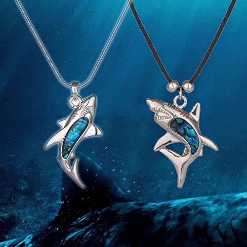 Blue Abalone Paua Shell Shark Pendant Necklace for Women and Girls on Black Cord/Stainless Chain Movie Necklace3