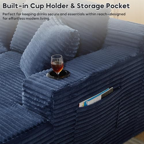 Image of 125 Inch Modular Sectional Sofa, Cloud Couch Oversized U Shaped Corduroy Sofa with Storage & Cupholders, Modern Deep Seat Boneless Couches for Living Room, No Assembly Required, Blue
