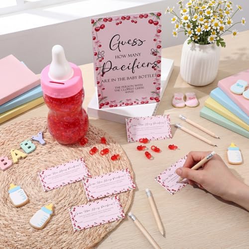 Image of Roowest 512 Pcs Baby Shower Games Guess How Many Pacifiers Sign 100 Small Guessing Games 10 HB Pencils 750ml Milk Bottle 400 Acrylic Pacifiers Decoration for Guest Gender Reveal (Pink,Cherry)