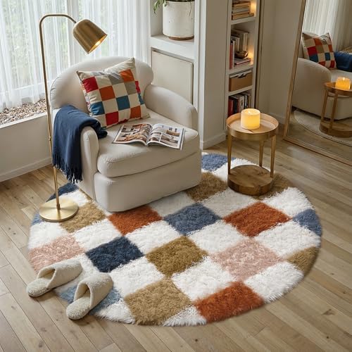 HUGEAR Kariert Flauschig Teppich Rund 120cm Multicolore Weiß Shaggy Carpet – Ansicht 1