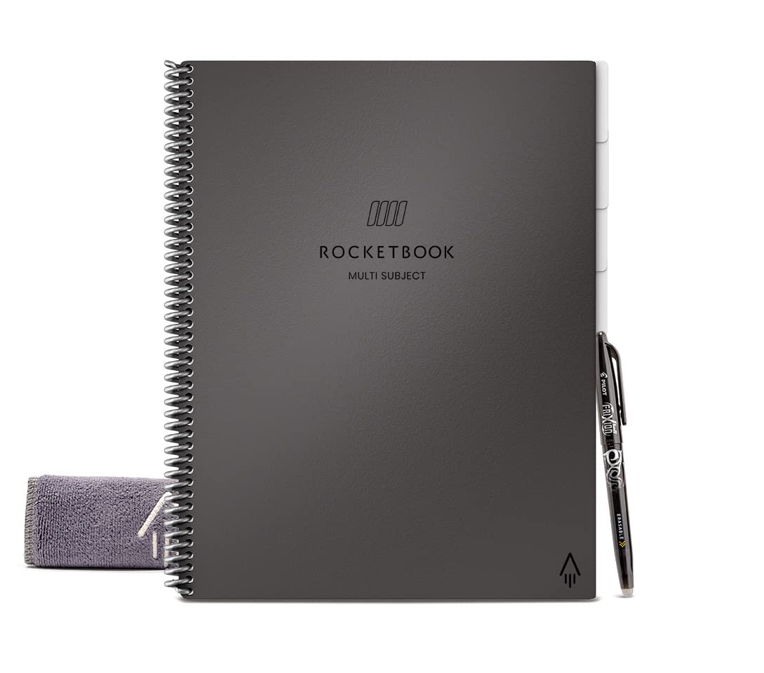 Rocketbook Multi-Subject Reusable Smart Notebook, Letter Size 8.5x11, Gray - Lined Pages, Contains Dividers for School Subject Notes, App-Connected, Erasable, Durable Cover, Ideal for Class Notes