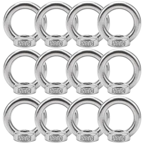 BREANIFULL 12 Stück Edelstahl M10 Ringmutter Ösenschraube Augenmuttern Stockschrauben M10 Edelstahl Hardware Ringösen für Seilmontage, Hebezubehör, Oberflächenpolieren, Silber (A, 12)