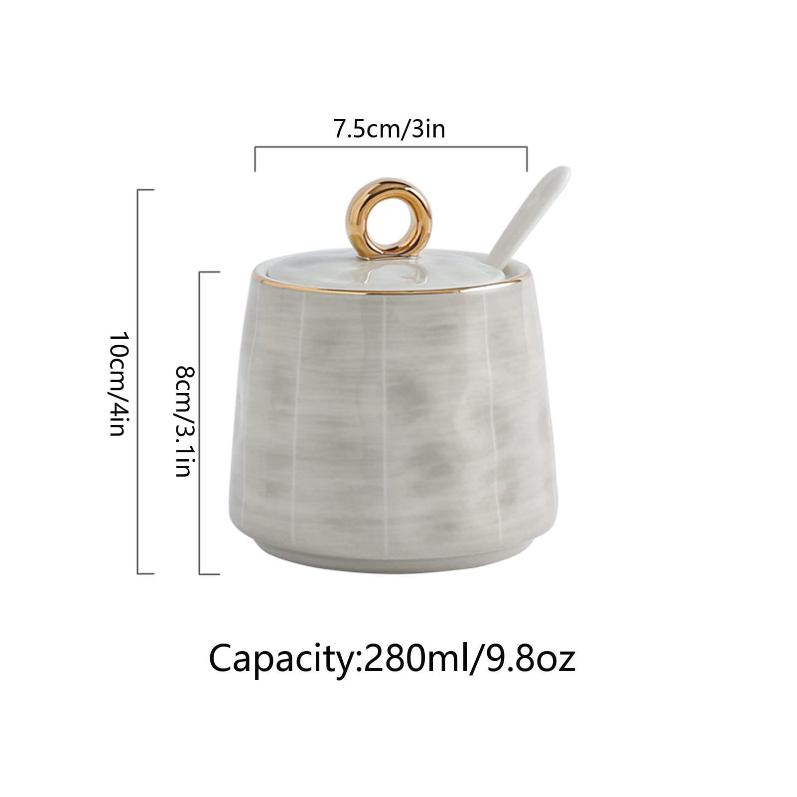 ceramiczna cukiernica, cukiernica, cukiernica z pokrywką i łyżeczką, 300 ml (10,6 uncji) ceramiczny słoik do przechowywania cukru Dekoracja stołu, do kawiarni, restauracji, Home-szary (kolor: Grijs, r
