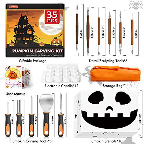 Shuttle Art 35 PCS Halloween Pumpkin Carving Kit, 11 PCS Professional Stainless Steel Pumpkin Carving Tools with 10 Stencils and 12 Electronic Candles, Safe, Fun and Durable for Kids Adults Carving3