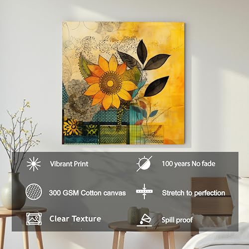 Image of PAINTINGMANTRA Abstract Floral Artwork Stretched Canvas Painting for Living Room | Colorful Flower Canvas Wall Decor Art For Livingroom, Bedroom, Office, Hallways - 34x34 Inch
