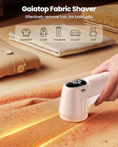 Gaiatop Fabric Shaver Rechargeable, Electric Lint Remover Shaver with LED Display, 6 Leaf Blade, 3-Speeds Sweater Depiller for Clothes, Furniture, Couch, Fuzz, Pills, Pink - Thumbnail 2