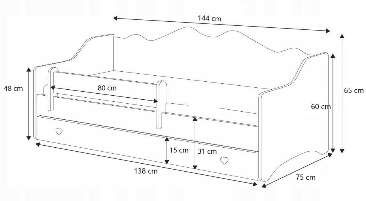 KOBI Cama Infantil Emma | Cama Blanca para habitación Infantil | 140x70CM | Cama Infantil con cajón | Al baño de Las niñas | (Emma/Sz/140/R)