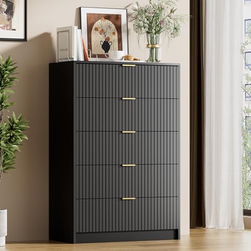 Image of Furniway 3 Piece Bedroom Set, 5 Drawer Dresser and Nightstand Set of 2 with Gold Handles, Modern Wood Chest of Drawers Storage Cabinet for Bedroom, Black
