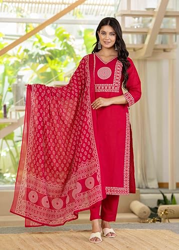 Image of Pistaa's Women's Ethnic Motifs Printed Regular Pure Cotton Kurta with Trousers With Dupatta Set