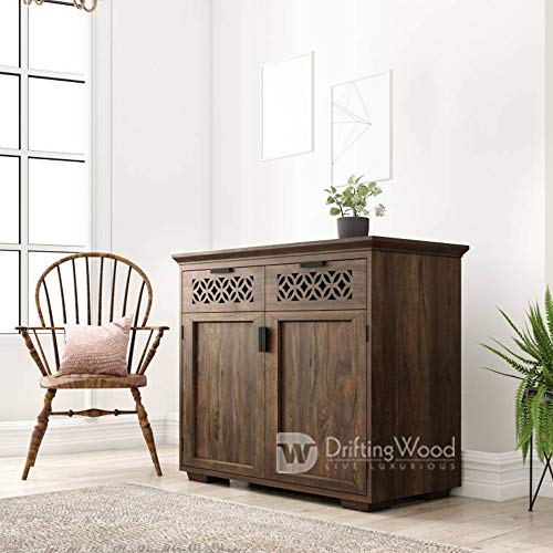 Image of DRIFTINGWOOD Solid Sheesham Wood Sideboard Tv Cabinet for Living Room | Free Standing Movable Tv Unit Side Board Table with 2 Drawer & 2 Door Cabinet Storage Furniture for Home | Walnut