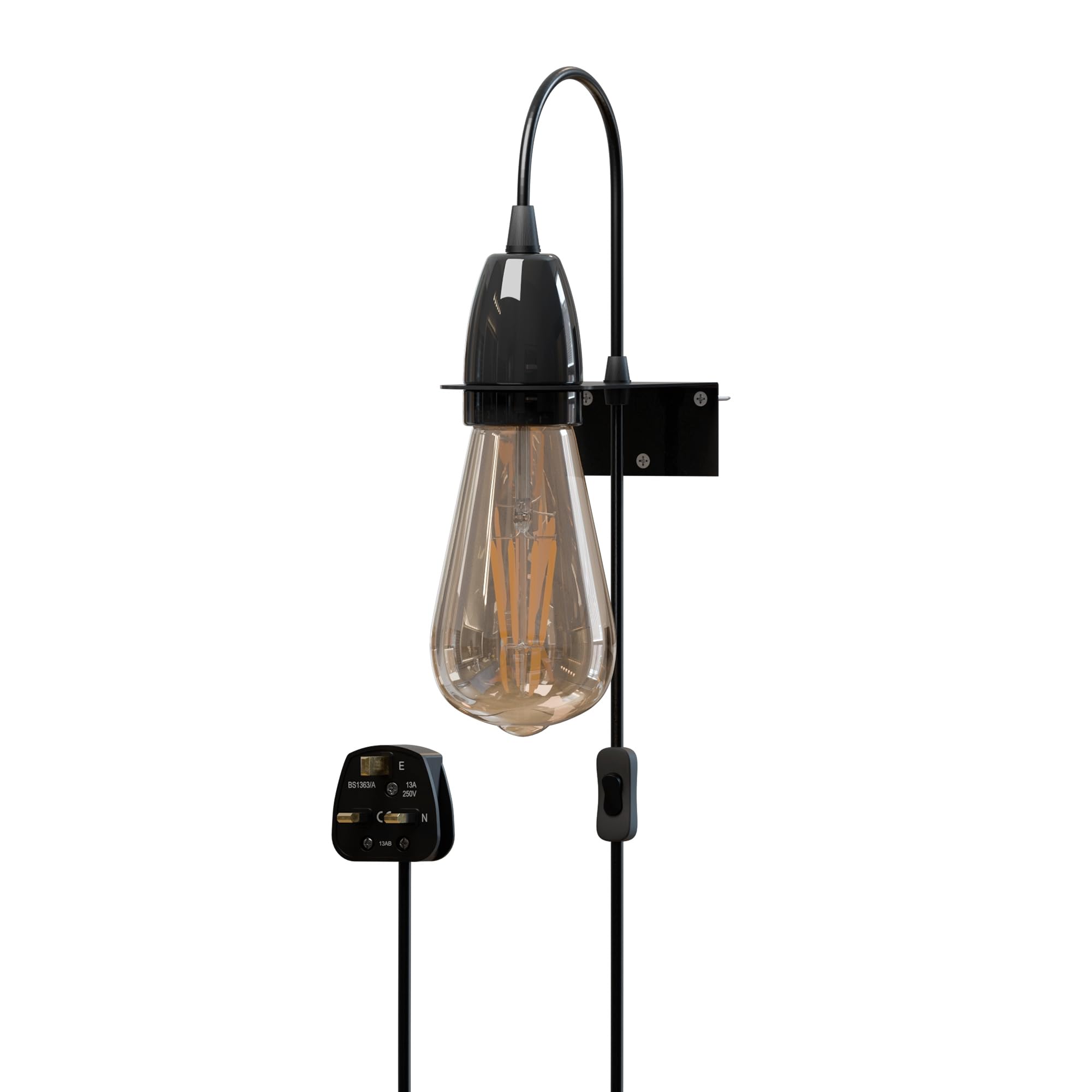 LEDSone 2m Plug in Cord Wall Lamp with Wall Mount Bracket E27 Holder Suspended Pendant Light Fitting Kit, PVC Cable Plug with On/Off Switch (Black with Bulb) — image 1