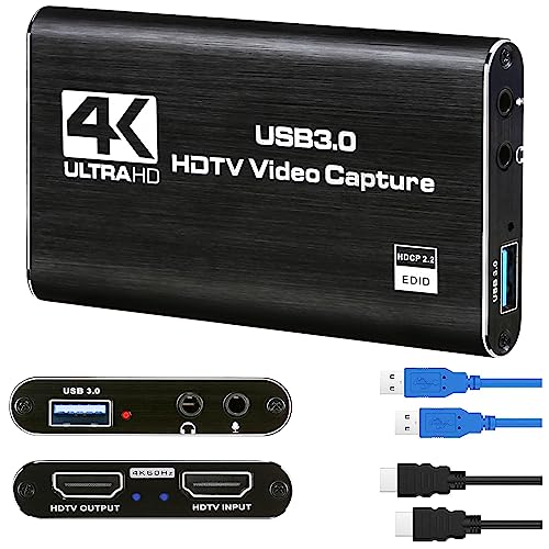 4K Audio Video Capture Card, USB 3.0 HDMI Video Capture Device, Full HD 1080P, 3.5mm Audio Input, HDCP 2.2, for Game Recording Live Streaming Broadcasting