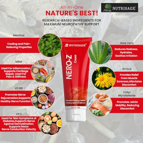 Image of Nero-Z Neuropathy Nerve Relief Cream - Fast Acting Max Relief for Feet, Hands,Legs,Toes,Back-Ultra Strength Menthol,Arnica, Aloe Vera,MSM,Soothing Natural Nerve Comfort, Paraben-Free 50 g