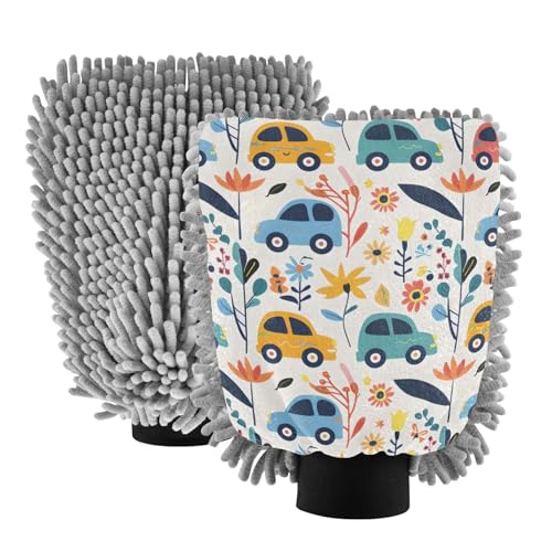 IOACIY Absorbent Microfiber Car Wash Drying Mitts, 2 Pack, Scratch-Free & Lint-Free, Rich Foam, Highly Absorbent, Double Sided, Wash Mitt Perfect for Car Washing, M, Cartoon Car Pattern (1)