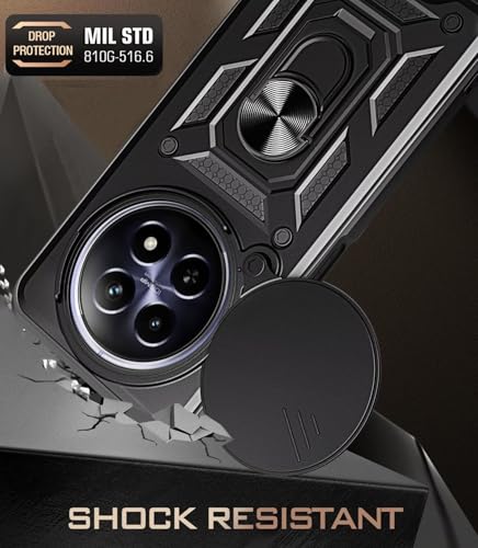 Image of Shockproof Back Case Cover for Realme 13 Plus 5G, Shockproof Realme 13 Plus Back Cover, Ring Case with Kickstand and Camera Protection Shutter - Black